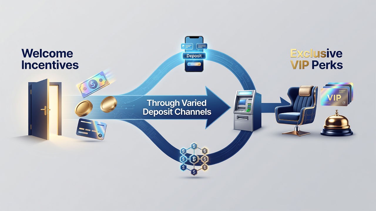 Diagram depicting progression stages from welcome offers through loyalty levels to VIP benefits linked to deposit variety